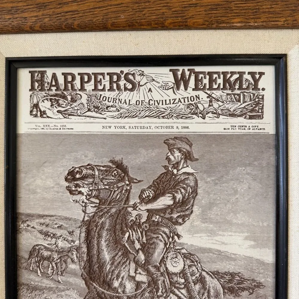1886 Harper's Weekly Magazine Cover Page Engraved Texture Art Remington Framed